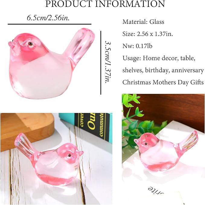 Crystal Pink Birds Figurines, Handmade Glass Birds Collectible Figurines Paperweights Blown Crystal Bird Decor Gifts for Bird Lovers Women Mom Friends (Pink)