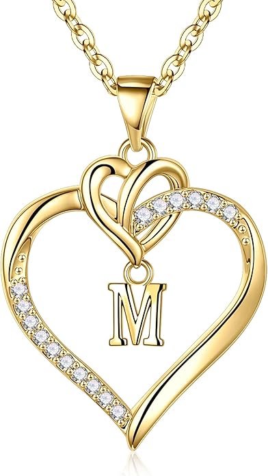 STORUP Valentines Gifts for Women Teen Girls - Heart Initial Necklaces for Women Girls, 14K-Gold-Plated CZ Initial A-Z Heart Necklaces for Teen Girl Jewelry Valentines Gifts for Her Mom Wife Sister