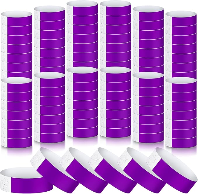 Tudomro 1200 Pack Plastic Paper Wristbands for Events Neon Party Wrist Bands Colored Waterproof Concert Identification Hand Bands Lightweight Adhesive Wristband(Purple)