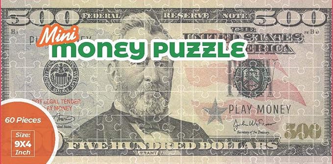 60-Piece Mini Jigsaw Puzzle 9x4 Inches 500 Hundred Dollar Bill Copy Money Puzzle Educational Kids Souvenir Birthday Gift Party