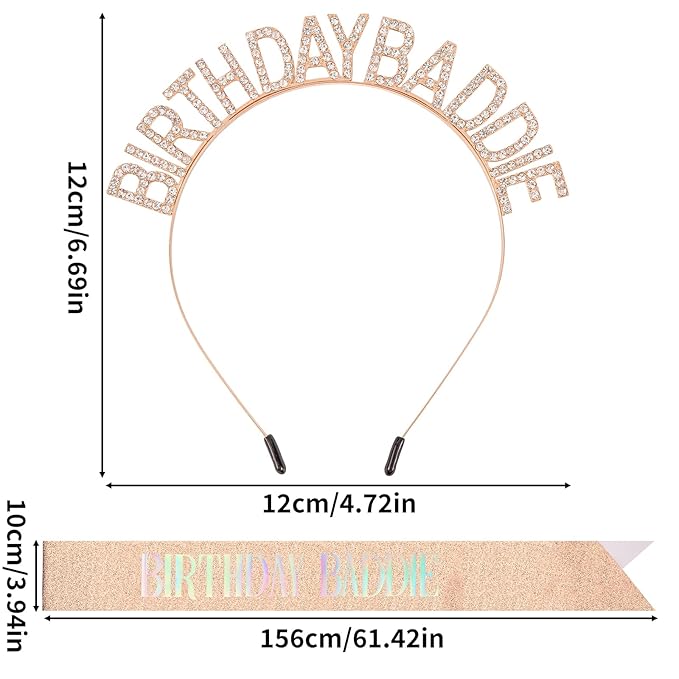 Aprince Birthday Baddie Sash and Tiara Crown for Women Girls Rose Gold Happy Birthday Headband Accessiores Party Decorations