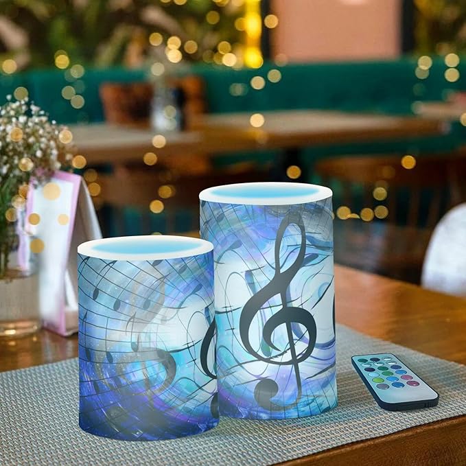 Music Notes and Clef in Space with Stars Flickering Flameless Candles Battery Operated with Remote Timer,Tea Light Candles LED Pillar Votive Candles Set of 2 for Outdoor Indoor Decorations