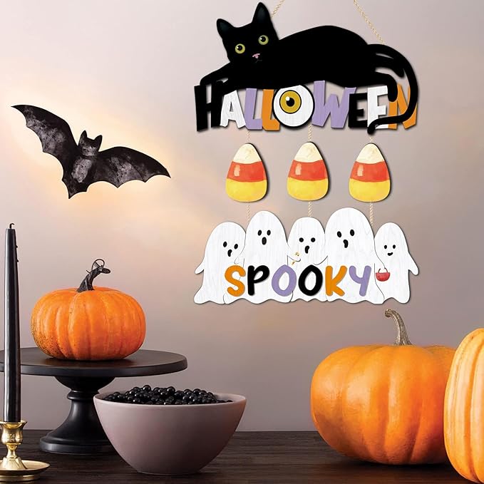CHDITB Halloween Black Cat Wooden Sign, Spooky Ghosts Wooden Hanging Plaque, Festive Halloween Front Door Sign, Halloween Wall Art Hanger for Thanksgiving Halloween Party Decoration