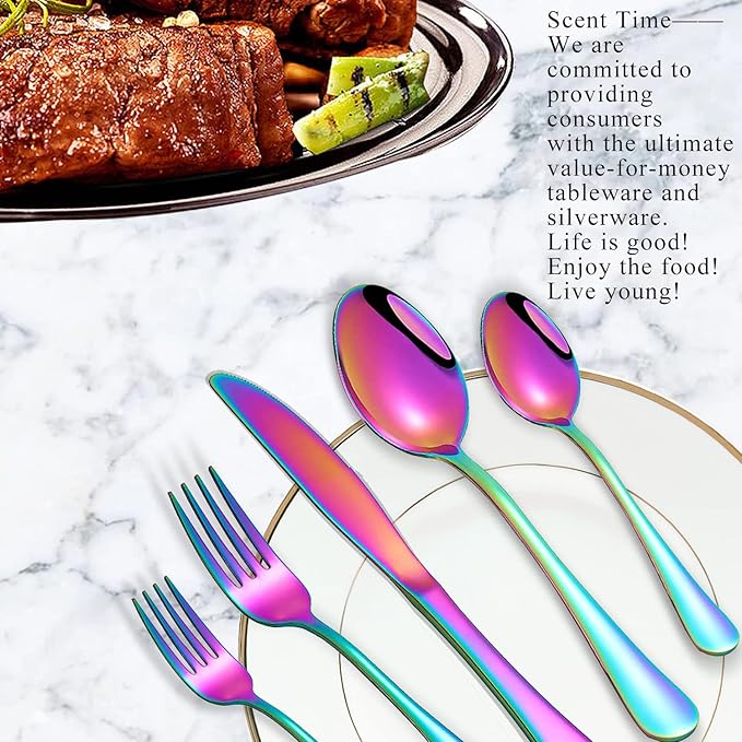 Rainbow Spoons and Forks Set, Set of 16 Top Food Grade Stainless Steel Forks and Spoons Silverware Set, Kitchen Accessories Forks (8 Inch) and Spoons (6.69 Inch) Cutlery Set, Mirror Finish