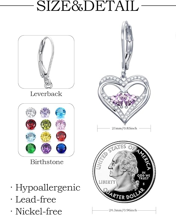 Heart Leverback Earrings Double Birthstone Dangle Earrings for Women, Love Jewelry for Her, Christmas Gifts for Women, Anniversary Birthday Gift for Mom Wife Girlfriend