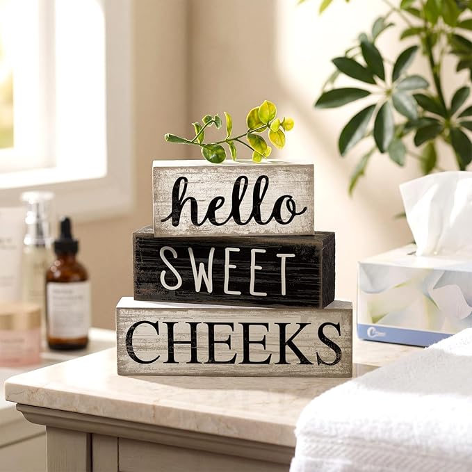 4 Pcs Bathroom Shelf Decor Hello Sweet Cheeks Sign Farmhouse Bathroom Decor and Accessories Rustic Eucalyptus Leaves Wood Block Sign Gift Sweet Home Table Centerpiece for Home Office