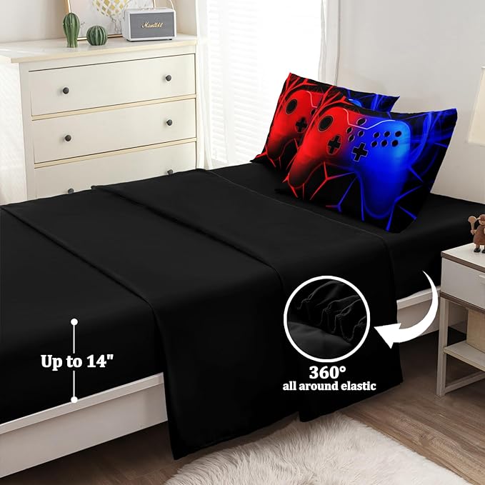 6 Pcs Full Bedding Set for Boys, Blue-red Full Size Bed in A Bag Gamer Boys Comforter Set for Teens