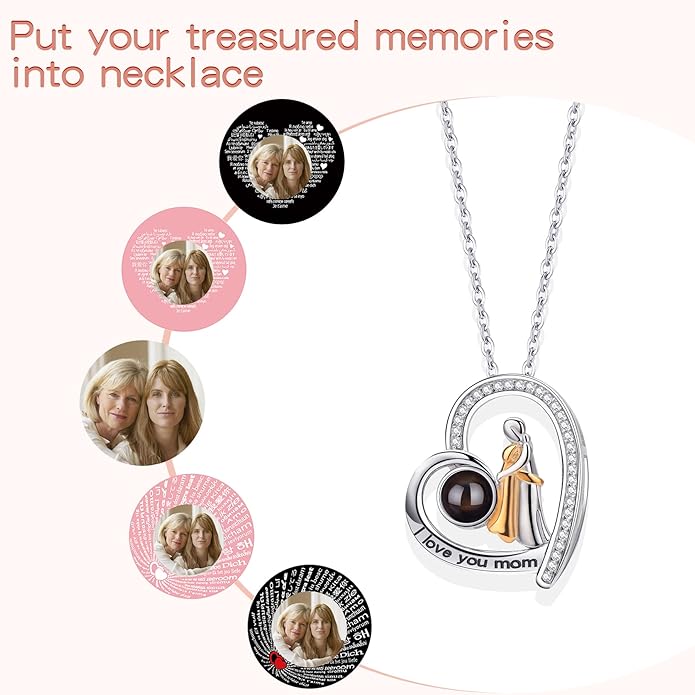 SUPHELPU Personalized Mother's Day Gifts for Mom From Daughter - Custom Photo Necklace With Picture Inside - Projection Necklace for Mom - Memorial Gift