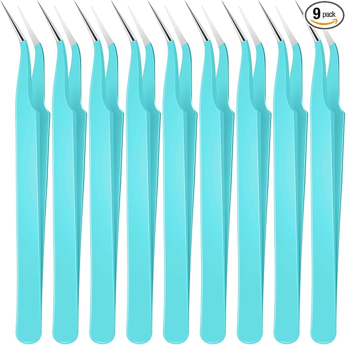 Honoson 9 Pieces Curved Pointed Craft Tweezers Stainless Steel Precision Tweezer with Protective Cover for Rhinestones Dried Flowers Craft Stickers Eyelash Extension Jewelry Making(Blue)