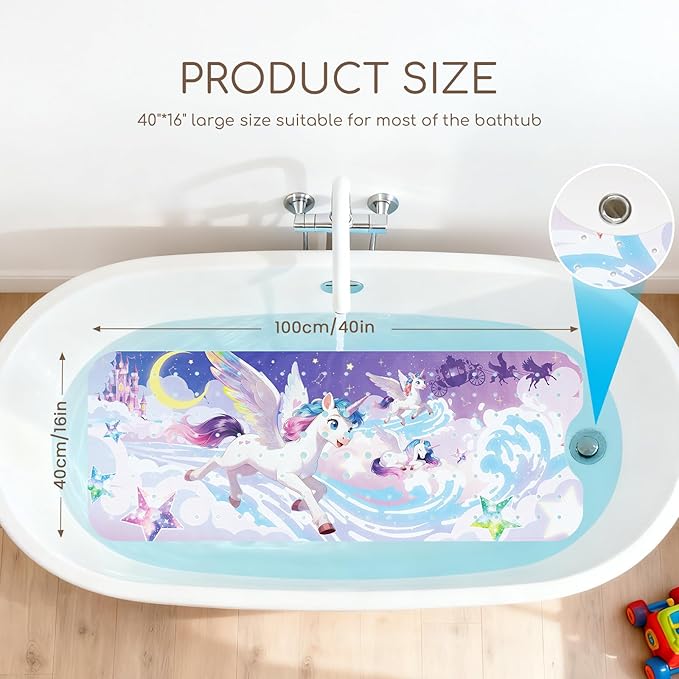 Baby Bath Mat for Tub, Non Slip Kids Bath Shower Mat, 40 X 16 Inch Large Bathtub Mat with Drain Holes and Suction Cups for Toddlers, Machine Washable and Waterproof (Unicorn)