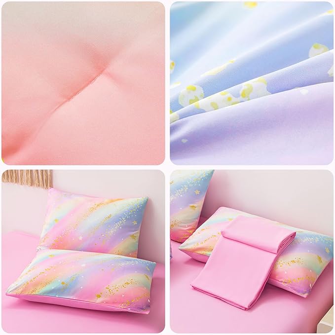 Rainbow Bedding Set Twin Size – 6-Piece Reversible Girls Comforter with Deep-Pocket Sheet, Gradient Galaxy Design, Whole-Piece Filling, Machine Washable Bed-in-a-Bag for Kids Room Makeover & Gifts