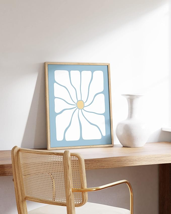 HAUS AND HUES Blue Aesthetic Daisy Artwork, Indie Room Posters, Trendy Wall Art, Danish Pastel Decor (Beige Frame, 16x20)