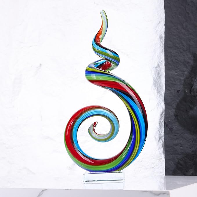 XMGZQ 13.7" Colour Hand-Blown Art Glass Sculpture,Abstract Rainbow Swirl Style Sea Glass Statue and Figurine,Coastal Ocean Nautical Home Decor,Shelf,TV Stand,Tabletop Centerpieces,Wonderful Gift