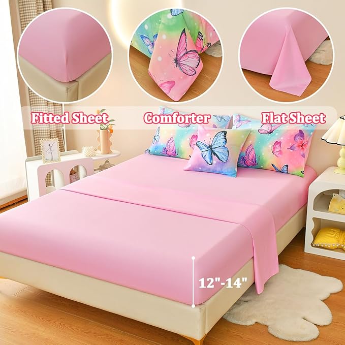 6 Pcs Bed in A Bag Twin Comforter Set for Girls,Pink Butterfly Bedding,Butterfly Comforter Sets with Sheets for Kids