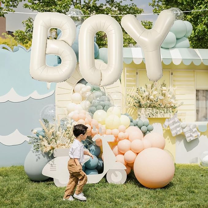 40 Inch Beige BOY Balloons, Large Cream White Sand BOY Balloon Letters with Ribbon, Ivory Alphabet Boy Balloon for Him Birthday Baby Boys Shower Boy or Girl Gender Reveal Party Decorations Supplies