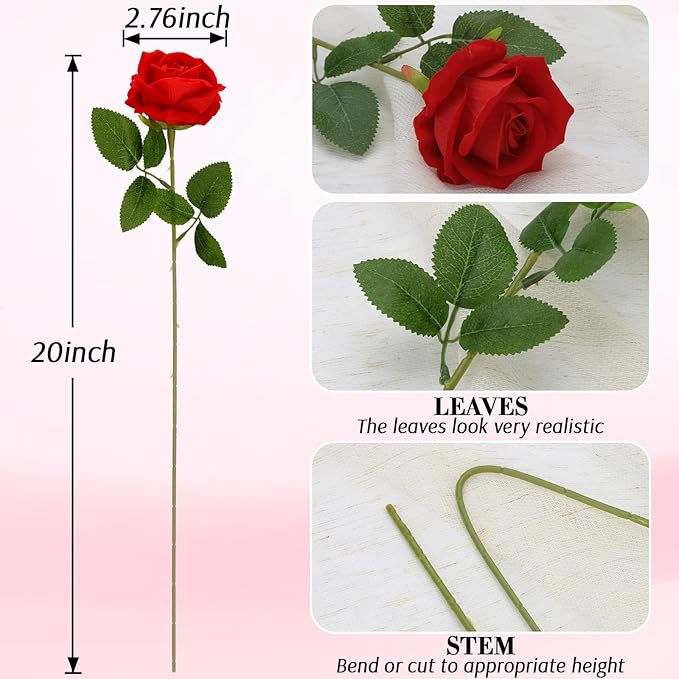 Roses Artificial Flowers, Fake Velvet Silk Roses in Bulk for Home Decor Indoor, Fake Roses Realistic Flowers with Stems for Wedding Centerpiece Party Decor (48, Red)