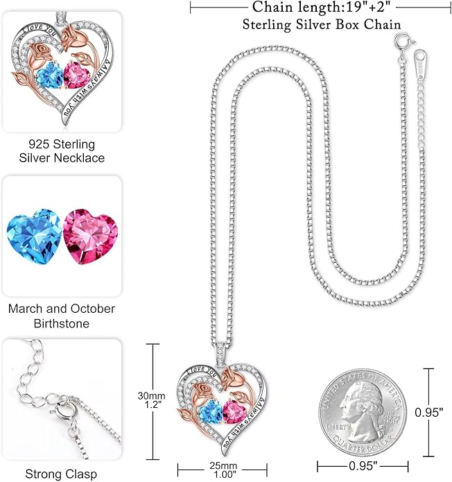 Iefil Valentines Day Gifts for Her - 925 Sterling Silver Rose Heart Birthstone Necklace Birthday Anniversary Jewelry Gifts for Her Wife Mom Daughter