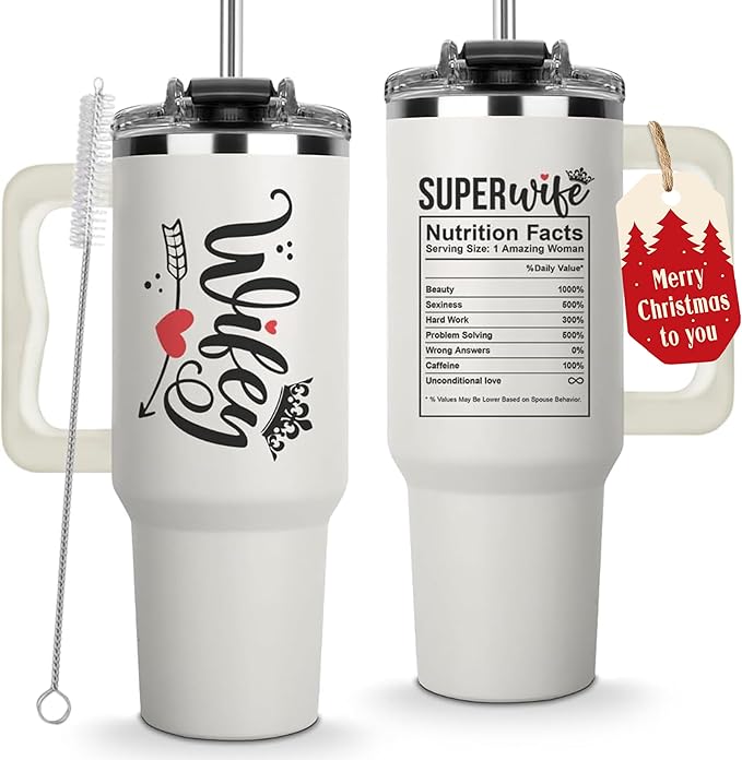 Christmas Gifts For Wife - Wife Tumbler 40Oz from Husband, Wifey Gifts on Birthday & Anniversary, Present Ideas for Wifey Her, Cool Wedding Coffee Cup with Straw and Handle, Drinking Mug for Women