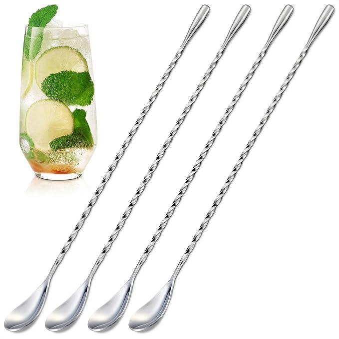4 Pcs Bar Spoon Cocktail Mixing – 12'' Long Stainless Steel Cocktail Stirrers with Polished Surface, Great for Professional and Home Use, Practical Gift for Drink Mixing Lovers | Sugar Spoon