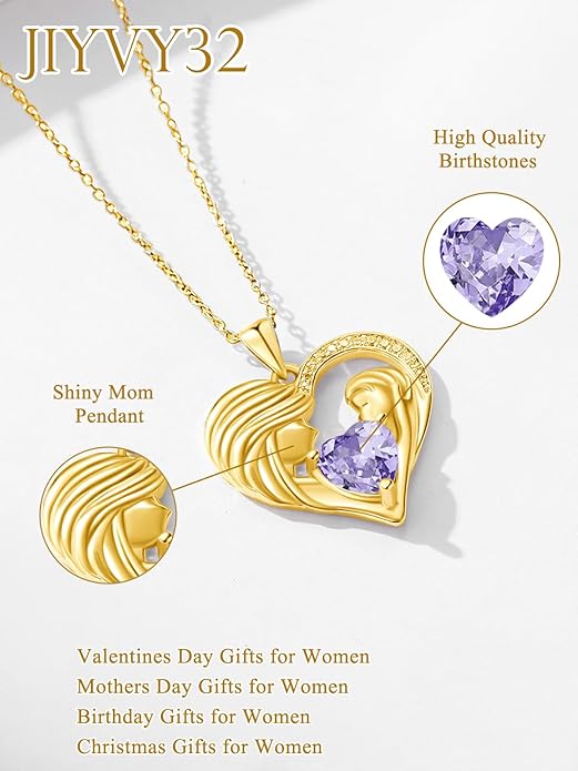 Mother and Daughter/Son Love Heart Necklace White Gold/14K Gold/Rose Gold Birthstone Jewelry Christmas Mothers Day Birthday Gifts For Mom Wife Grandma Women