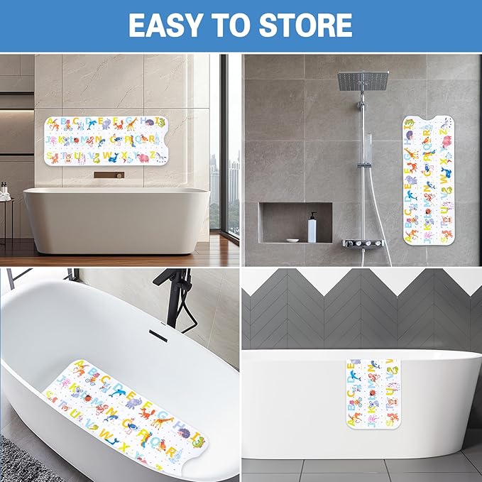 Kids Bath Mat with Ocean Theme Design, 40x16 inches, Non-Slip with 200 Suction Cups, Cartoon Sea Animals Pattern (Letter+Animal, 40 * 16in)