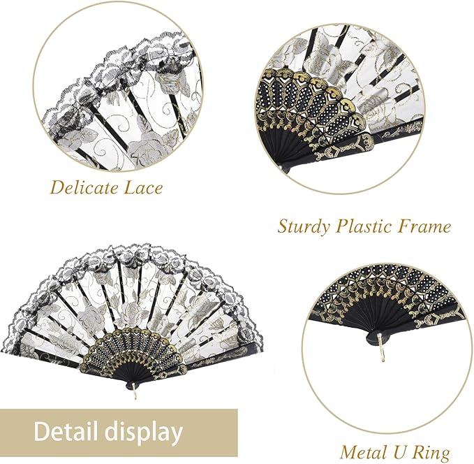 QIRMIZI 30pcs Silk Folding Hand Fans, Silk Fans,Black Rose Fans, Perfect for Weddings, Parties, and Dancing,Black
