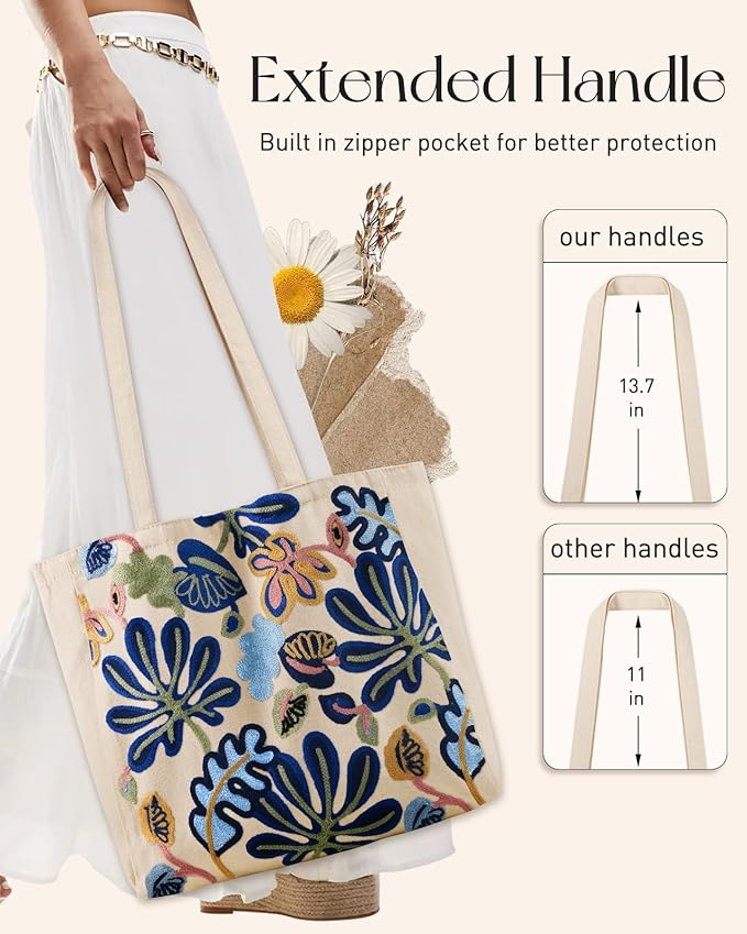 Miss Adola Aesthetic Embroidery Tote Bag for Women - Reusable Canvas Cute Shoulder Bag for Shopping, Grocery, Work, Book