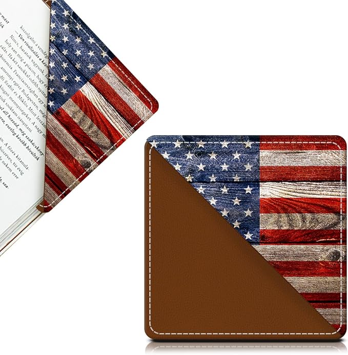 Cute Leather Bookmarks, Fun Triangle Making Corner Bookmark, Book Accessories for Reading Book Lovers, Unbreakable Page Markers for Women Men Retro Wood American Flag