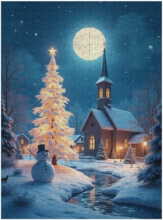 Wooden Puzzle - Church of The Nativity with Snow and Snowmen Jigsaw Puzzles，Wooden Puzzles for Adults 500 Pieces Challenge Puzzles，Educational Games，Family Puzzles