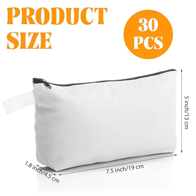 Saintrygo 30 Pcs Makeup Bag Travel Canvas Cosmetic Bag Bulk Multipurpose Small Makeup Pouch for Purse Portable Blank Zipper Toiletry Organizer DIY for Women Assorted Color(White,9.8 x 5 x 2 Inch)