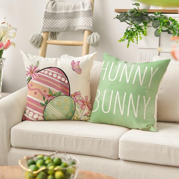 AVOIN colorlife Happy Easter Hunny Bunny Green Throw Pillow Covers, 18 x 18 Inch Easter Eggs Bunny Spring Cushion Case for Sofa Couch Set of 4