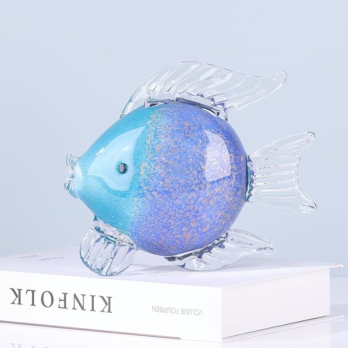 Large Glass Fish Figurines Hand Blown Glass Fish Statue and Sculpture Home Decor, Murano Animal Tropical Sea Glass Paperweights for Desk, Glass Aquarium Coastal Beach Decorative (Dark Blue)