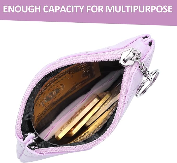 Real Leather Coin Purse with Rhombus Embroidery Zipper Keychain Mini Wallet for Women & Men (Purple)