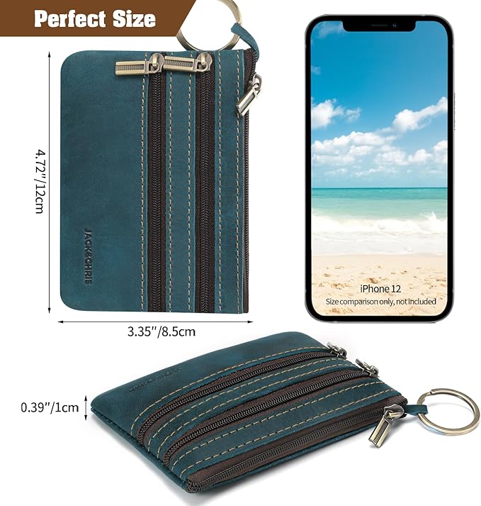 Jack&Chris Coin Purse Pouch for Men, Genuine Leather Coin Purse Zipper Pocket with Keychain Ring, Coin Bag for Men,JC301-Blue