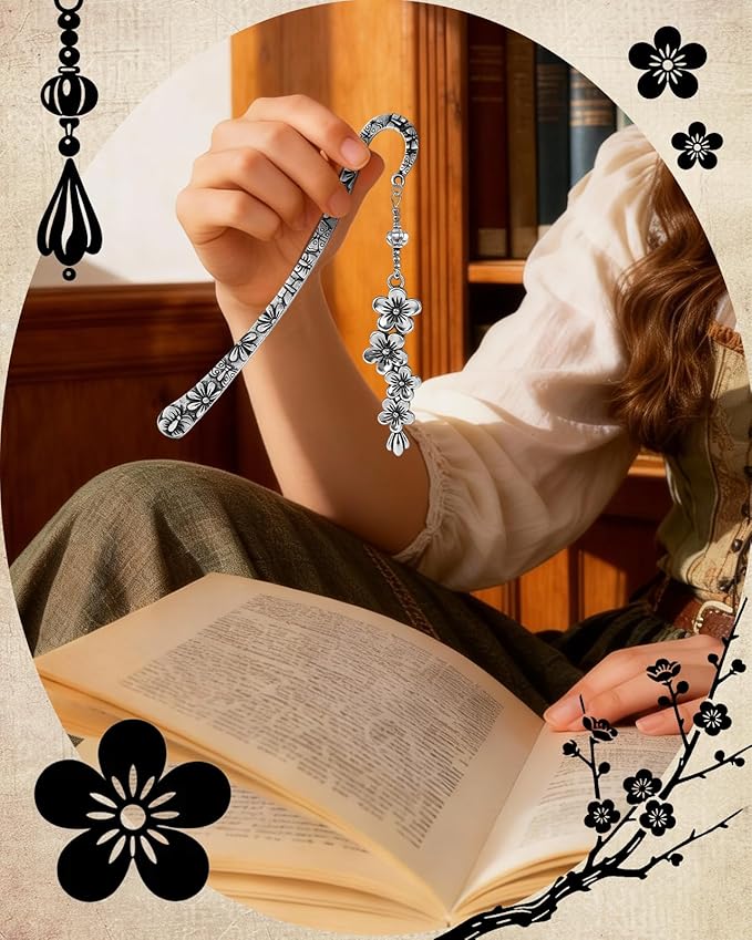 Buleens Bookmarks for Women Reading - Book Marks for Readers Book Lovers, Silver Feather Cherry Flower Personalized Metal Bookmark with Pendants, Pretty and Aesthetic Book Accessories Reading Gifts