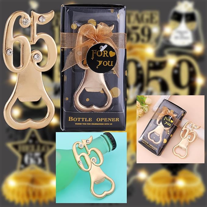 Baseo 24PCS 65th Birthday Favor Bottle Opener for Guests 65th Birthday Party Favors Bottle Opener 65th Bottle Opener Party Souvenirs Favors Gifts Decorations (Black Gold 65)
