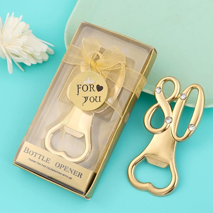24 pcs gold themed 80th birthday bottle openers favored for anniversary wedding party gifts, 80th birthday party souvenirs or party decorations (Gold, 80 style)