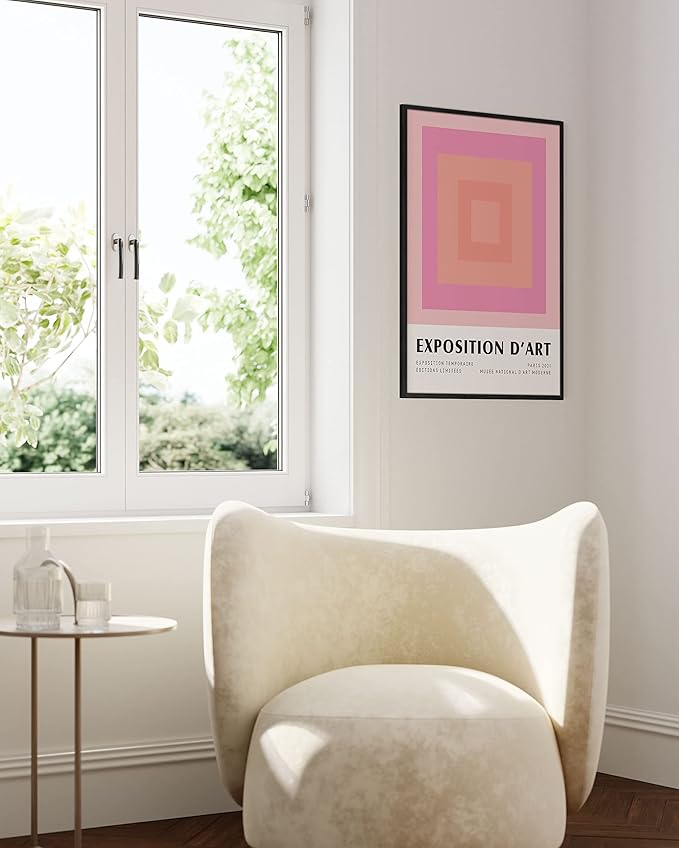 HAUS AND HUES Art Exhibition Poster, Danish Pastel Wall Art, Pink Aesthetic Prints, Geometric Decor (Unframed, 24" x 36")