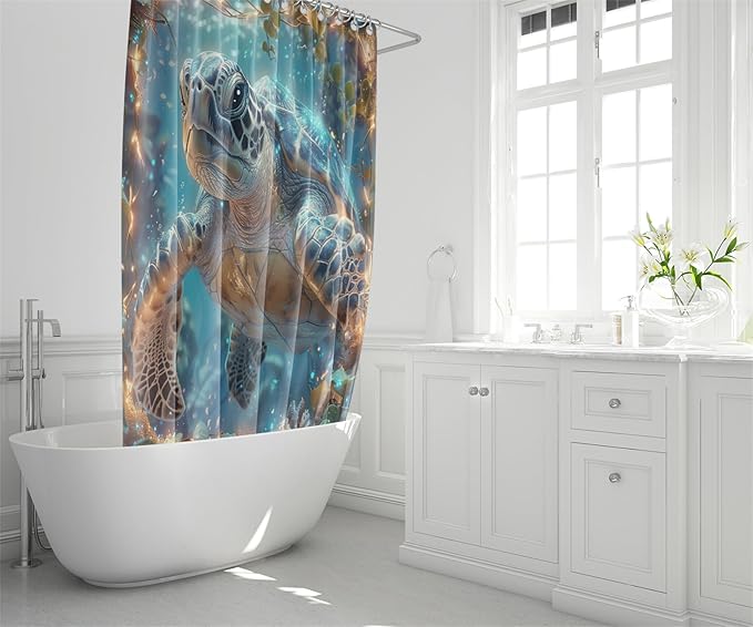 4 Pcs Turtle Shower Curtain - Under The Sea Shower Curtain Set Ocean Bathroom Sets with Shower Curtain and Rugs with 12 Hooks