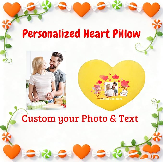Custom Heart Pillow with Insert, Personalized Heart Shaped Pillow with Photo Text as Valentine Pillows for Girlfriend Boyfriend Home Decor Personalized Gifts for Valentines Day Anniversary