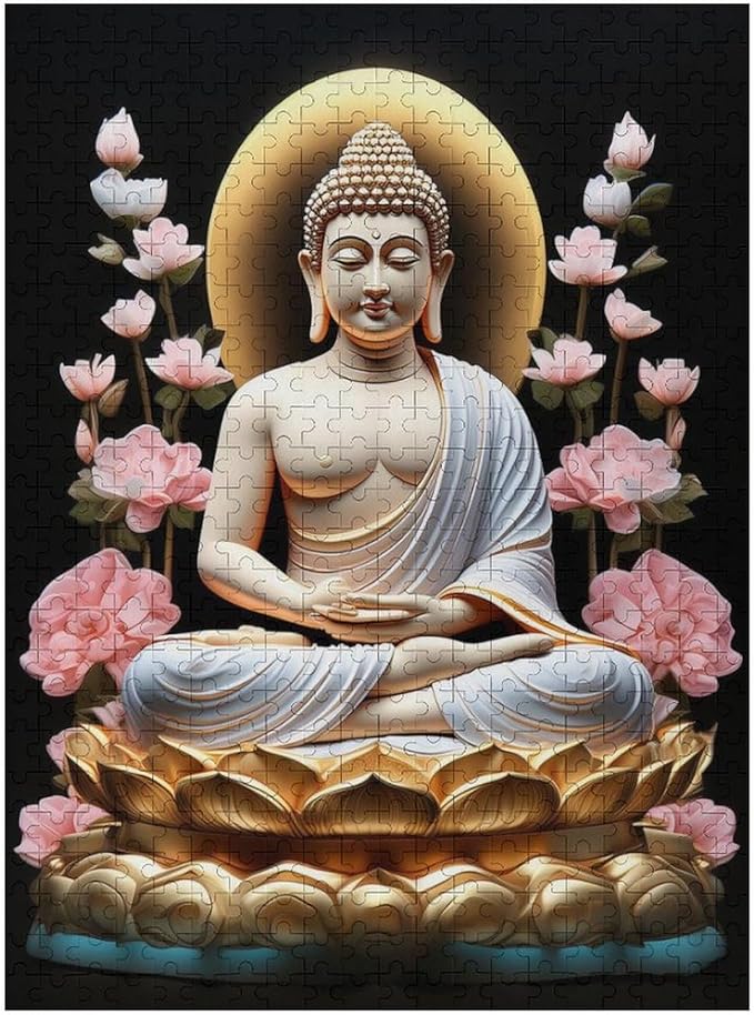 Buddha in A Golden Lotus Flower Wooden Puzzle 500 Pieces Jigsaw Puzzles for Adults Puzzle Educational Toys Challenging Fun Games Gifts for Elders Kids Family and Friends