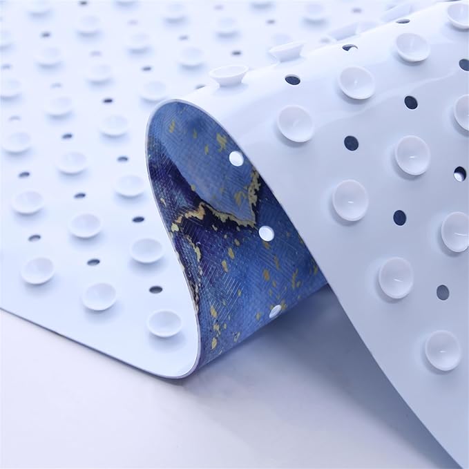 Blue Bathtub Mat Non Slip Marble Gold Line Extra Long Bath Mat for Tub Abstract Art Anti Slip Shower Mat for Bathroom with Large Drain Holes and Suction Cups Quality Bath Mats and Bathtub Decor 40x16