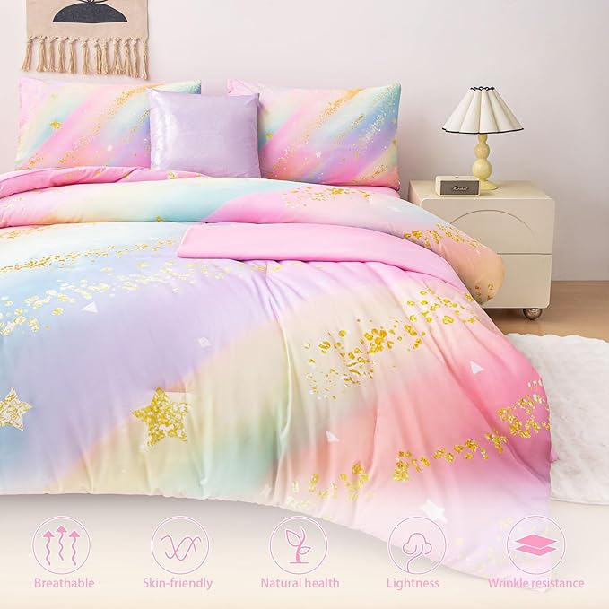 Rainbow Bedding Set Queen Size – 6-Piece Reversible Girls Comforter with Deep-Pocket Sheet, Gradient Galaxy Design, Whole-Piece Filling, Machine Washable Bed-in-a-Bag for Kids Room Makeover & Gifts