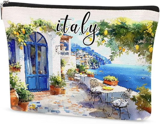 Italy Makeup Bag Gifts for Women, Italy Souvenirs, Travel Essentials Cosmetic Pouch Waterproof Linen Toiletry Organizer, Italian Themed Gifts for Travelers Wife Mom Friends Teacher Coworker