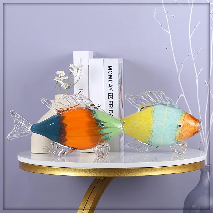 Colorful Glass Fish Sculpture, Hand Blown Fish Glass Figurine, Birthday Gift for Marine Animal Series, Desk Glass Paperweight (AE-3)