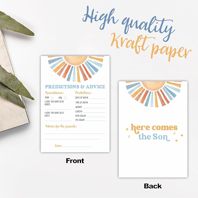 Sunshine Predictions & Advice Baby Shower Game Kit - Retro Here Comes The Sun - 30 Double-Sided Fill In Game Cards For Baby Shower, Gender Reveal Party Favor, Activity & Supplies - D01