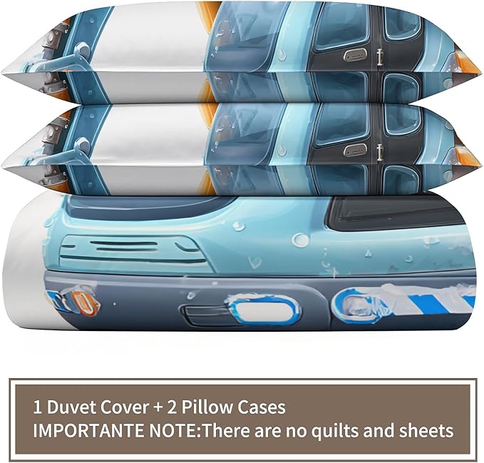 Cartoon Excavator Bedding Set Twin Size Blue Construction Vehicle Duvet Cover Trucks Tractors Comforter Cover Cute Children's Comforter Set with Zipper Ties for Bedroom