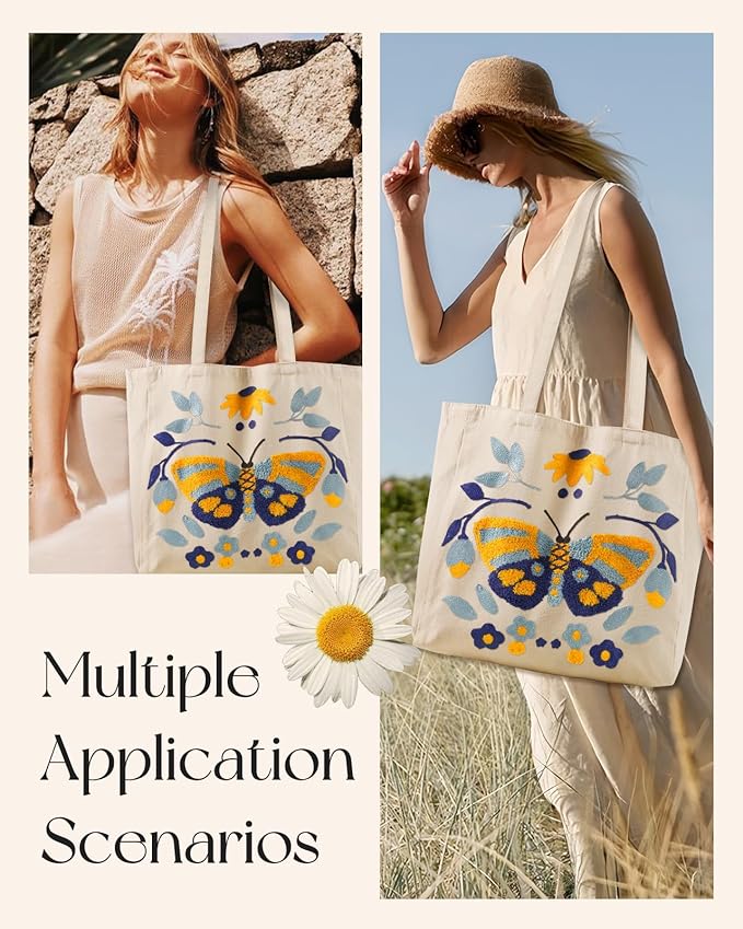 Miss Adola Aesthetic Embroidery Tote Bag for Women - Reusable Canvas Cute Shoulder Bag for Shopping, Grocery, Work, Book