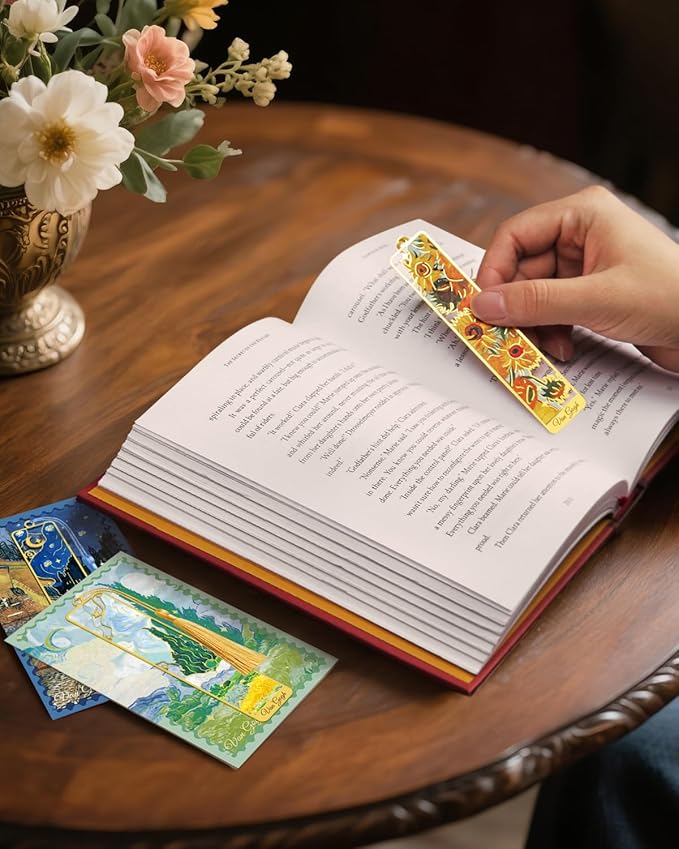 8 Pieces Metal Bookmarks with Tassel, Golden Hollow Bookmark Van Gogh Monet Oil Painting Theme Book Mark for Book Lovers Writers Readers Children Teens Men Women Adults