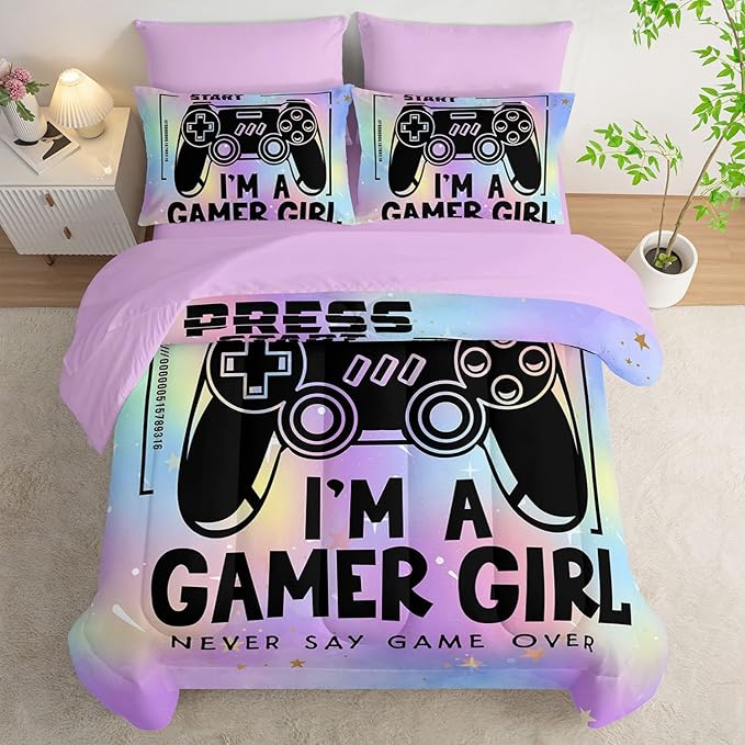 7Pcs Comforter Set Black Game Console Multi Color Printed Bedding Set with 1 Comforter,1 Flat Sheet,1 Fitted Sheet and 4 Pillowcases for Boys and Girls Bedroom All Season(Queen)